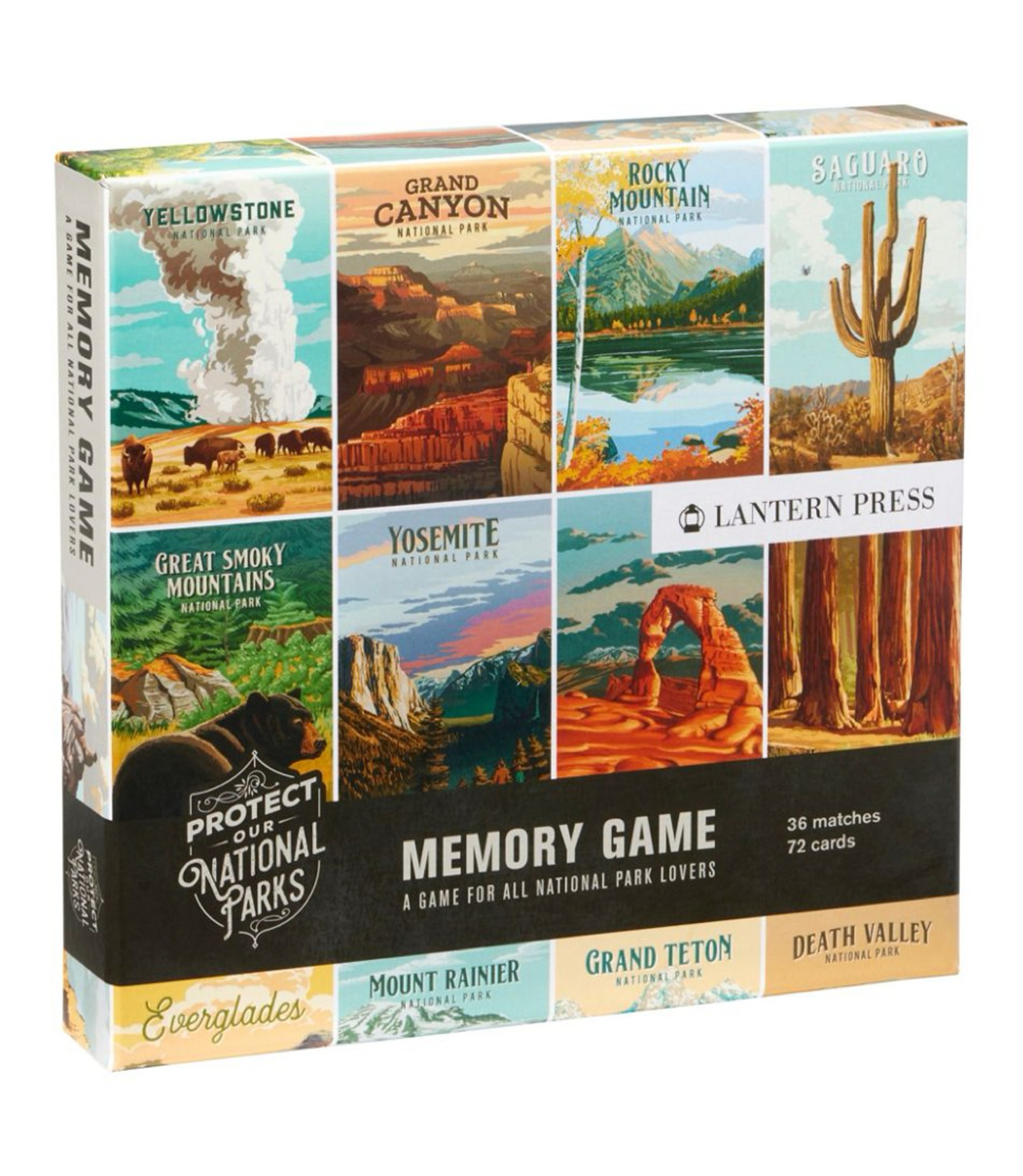 A box containing a National Parks memory game with images of 8 parks on the front.