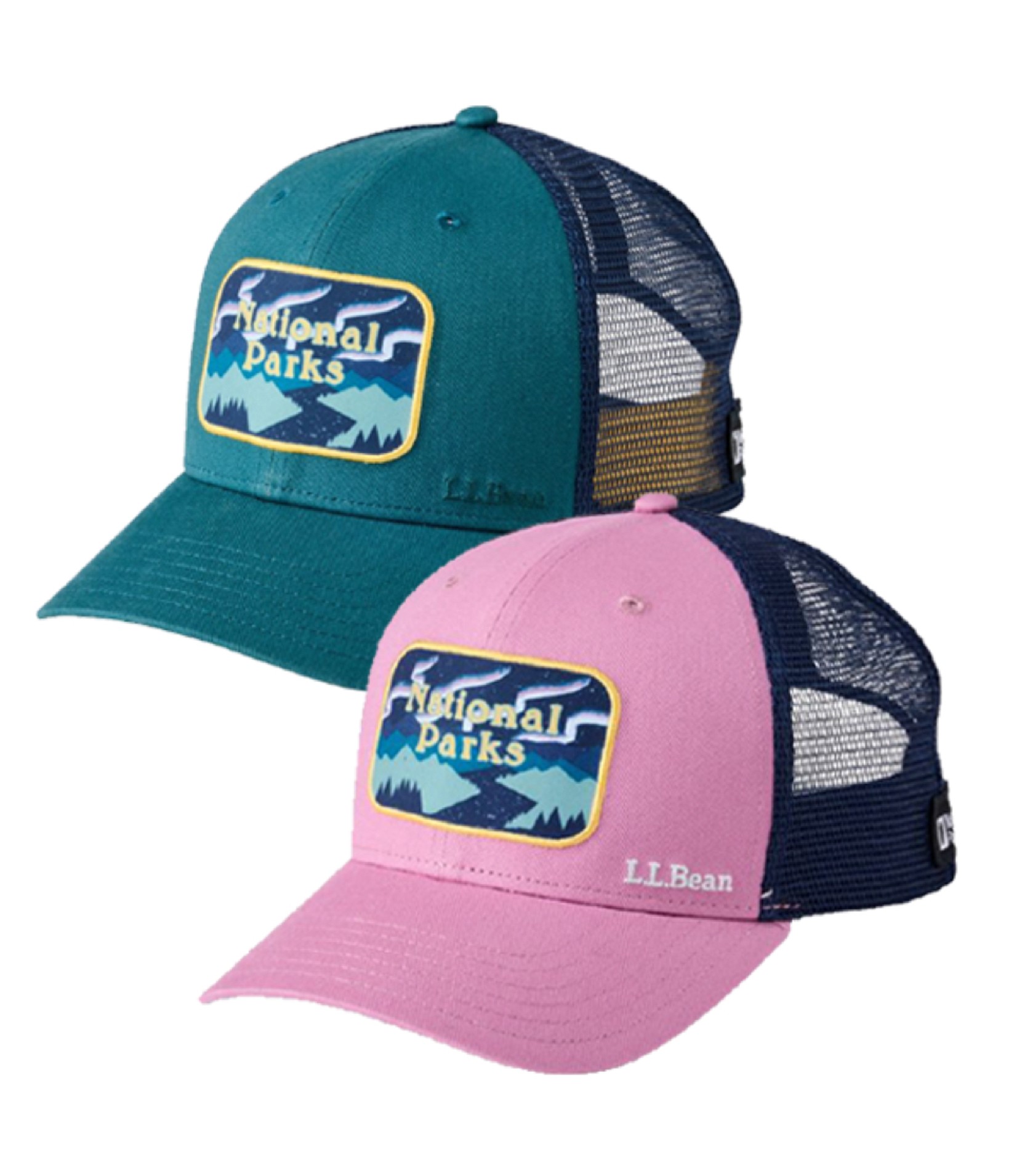 Two L. L. Bean trucker hats with a fun National Parks design on their fronts.