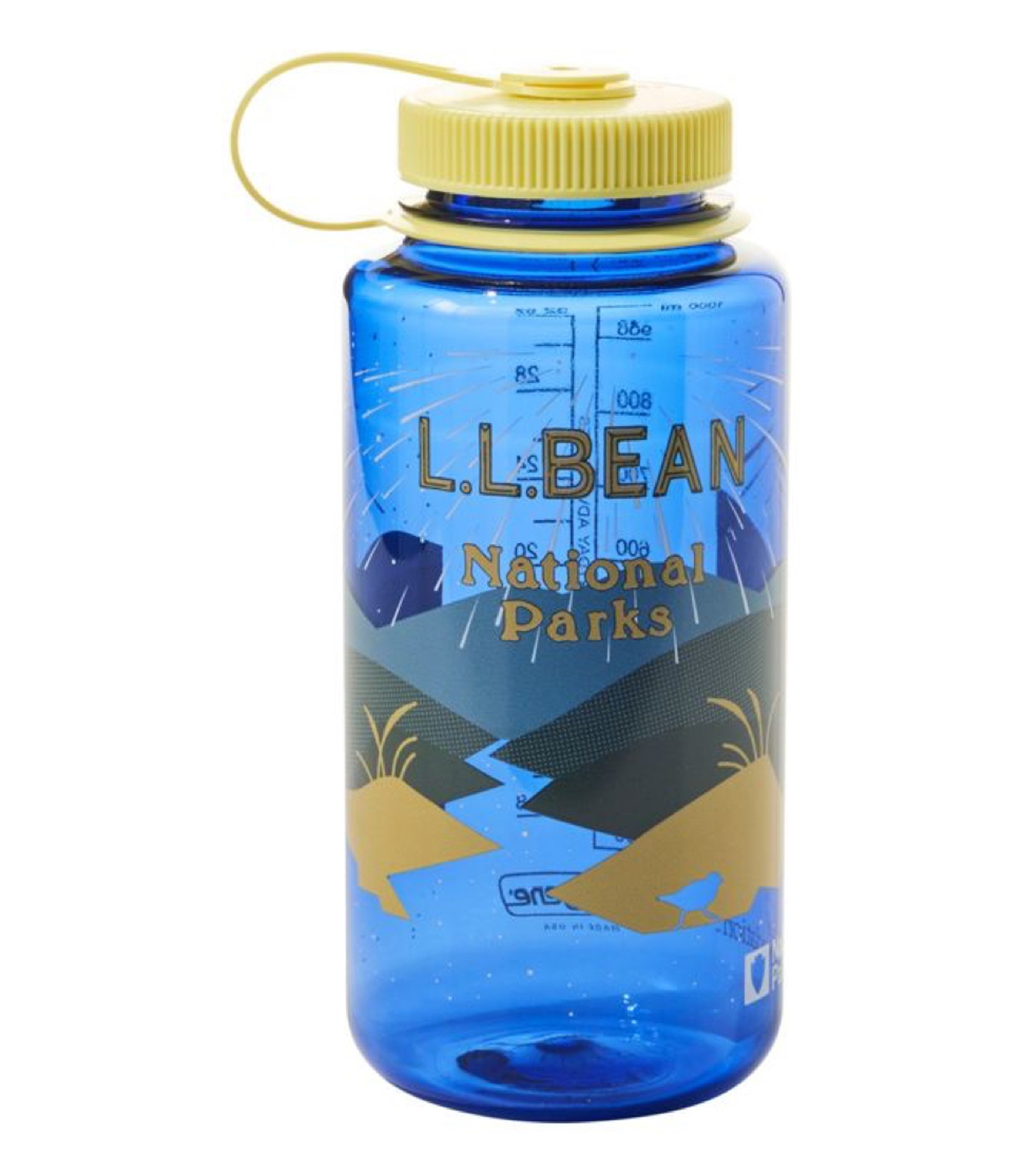 Blue Nalgene bottle with yellow cap and L. L. Bean National Parks design printed on it.