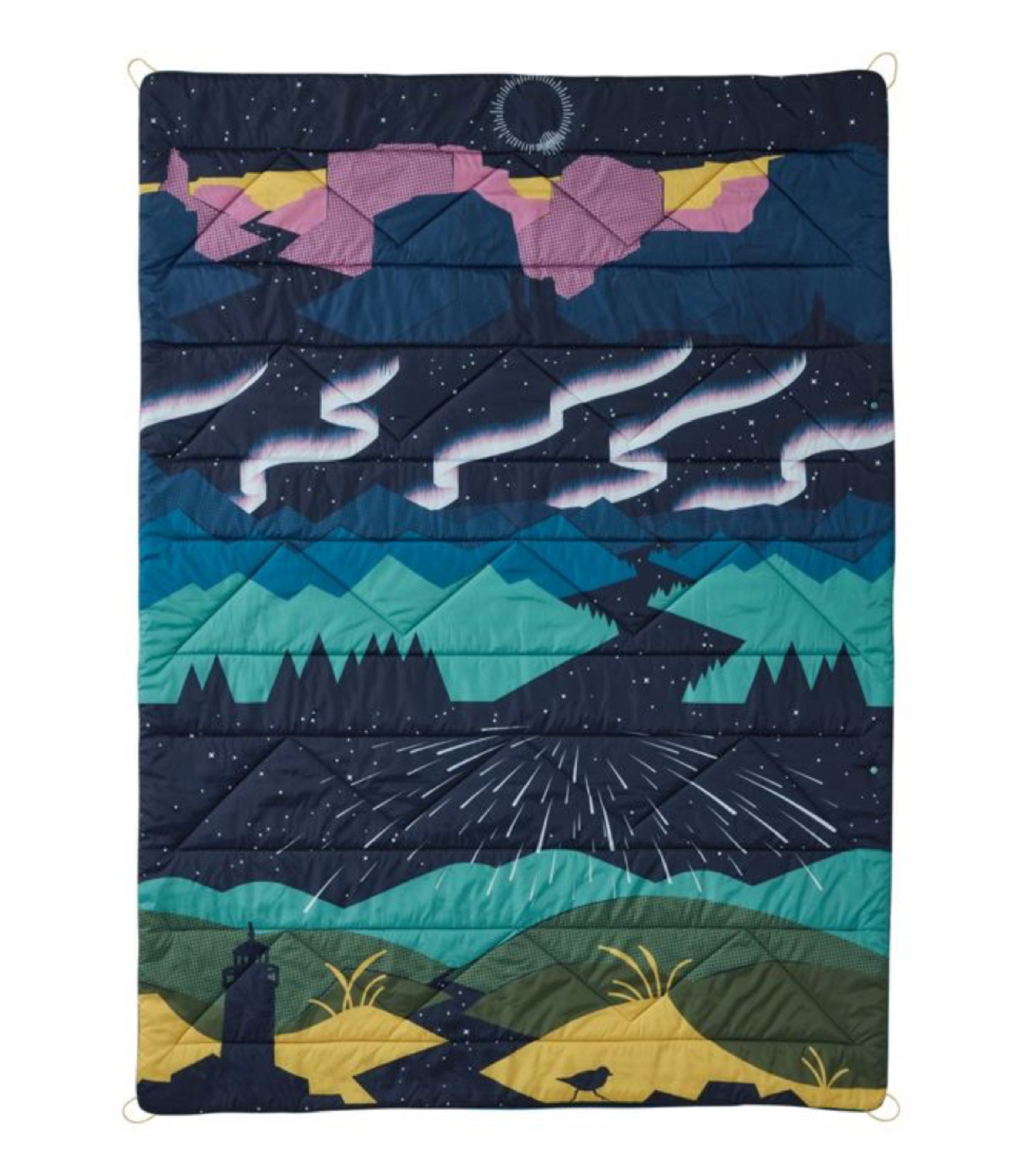 Brightly colored L. L. Bean puffer blanket with mountains and night sky printed on it.