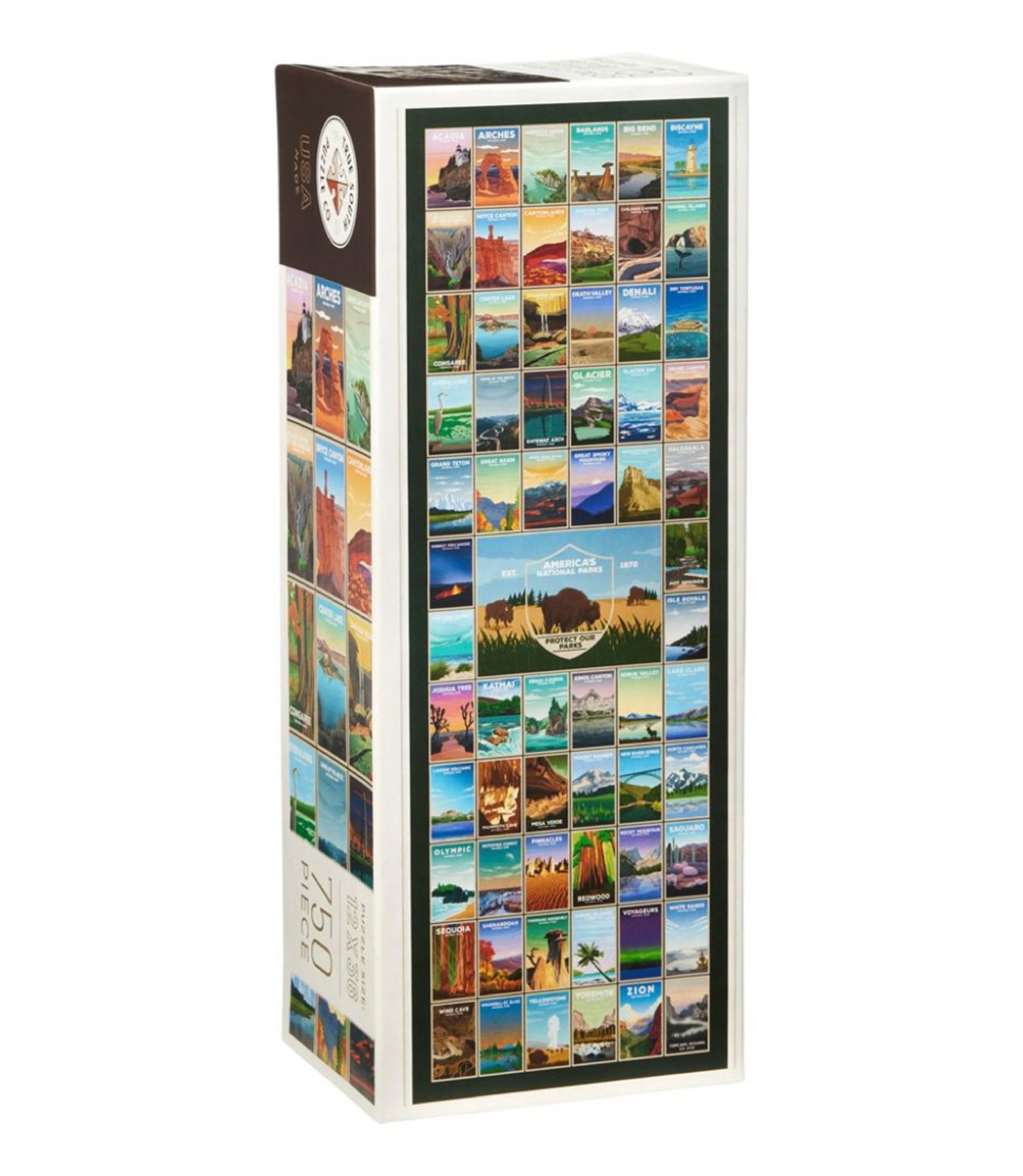 Image of a tall box containing a 750 piece America's National Park puzzle.
