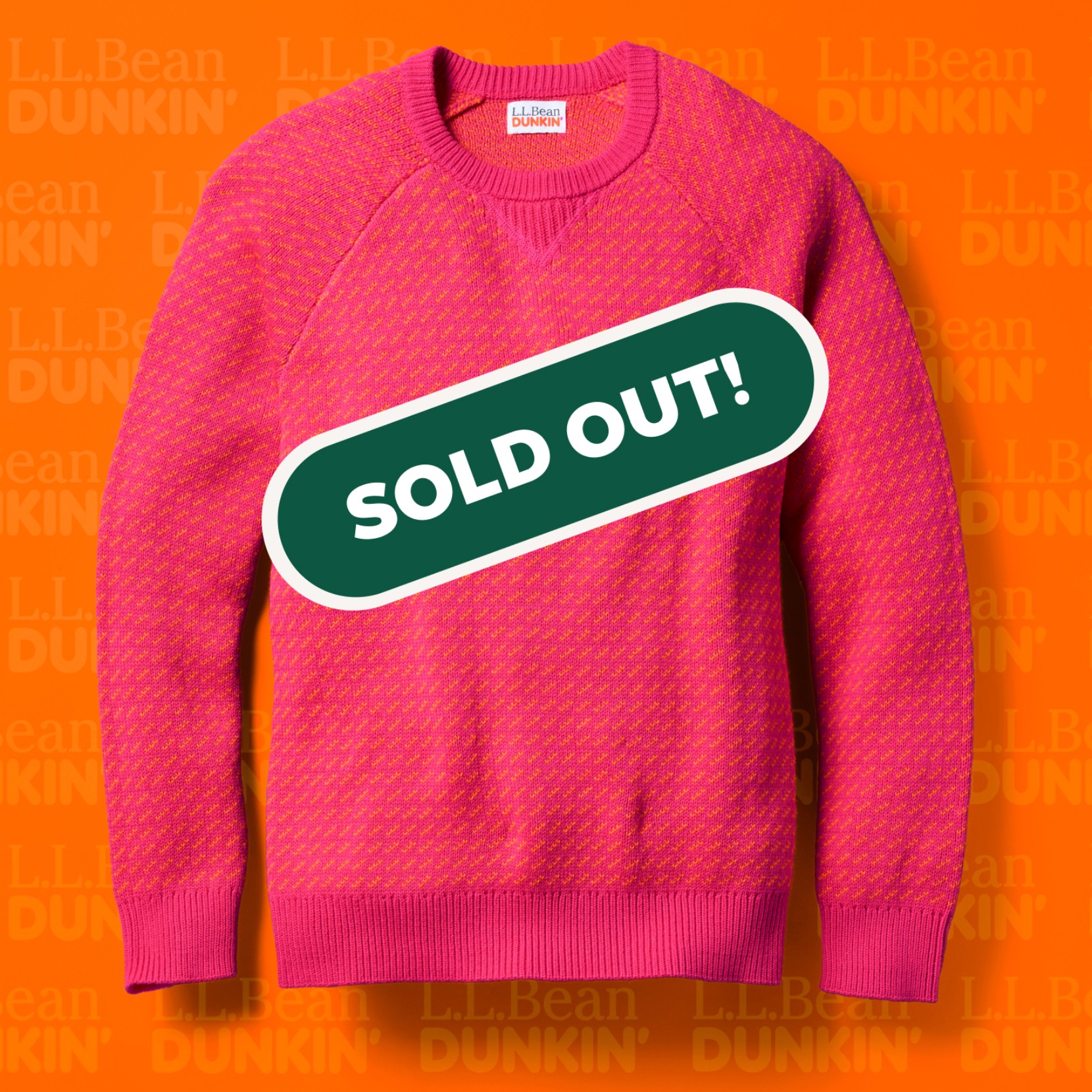 Pink and orange birdseye crewneck sweater with an orange background and text that reads "sold out".