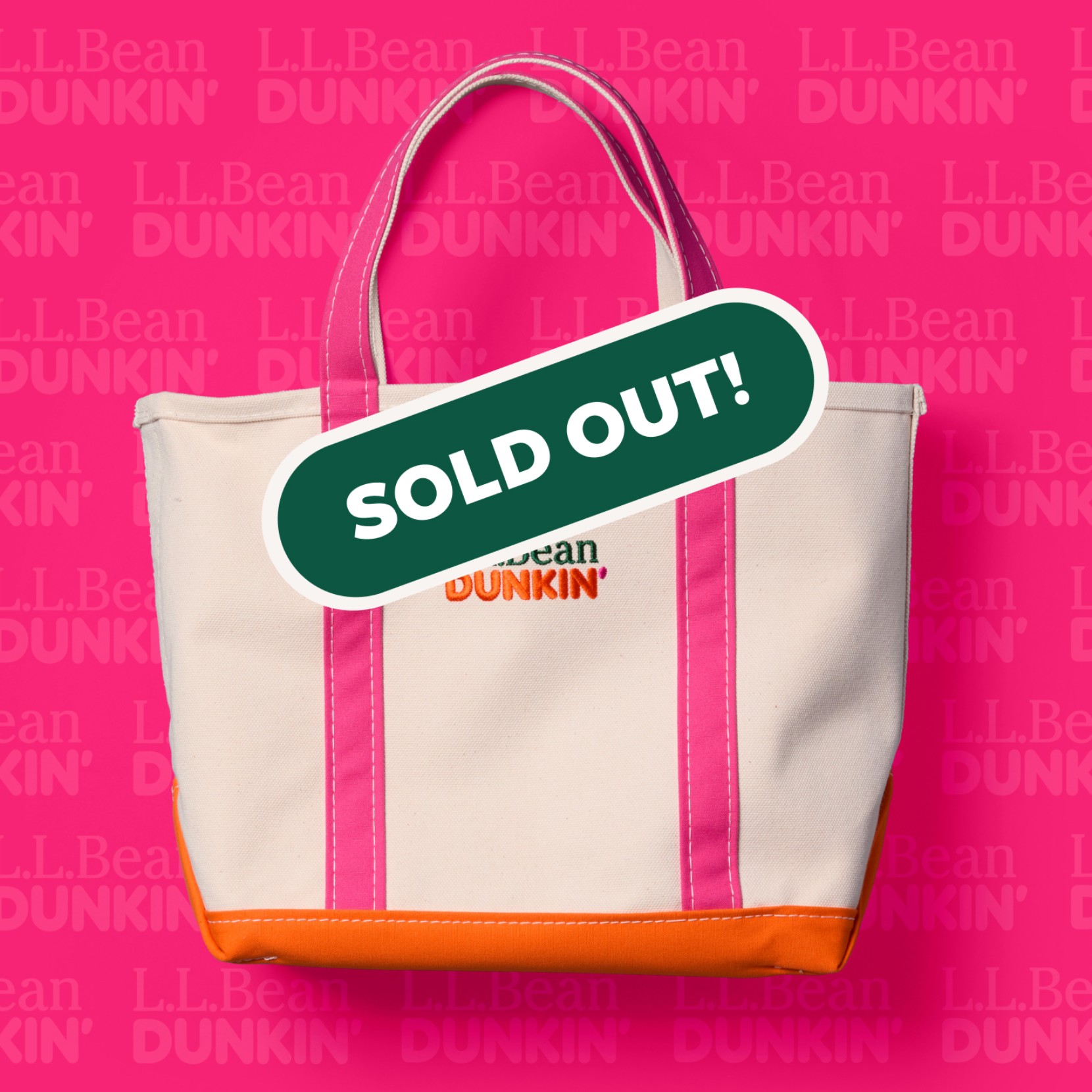 Canvas tote bag with pink straps and orange bottom with text that reads "sold out".