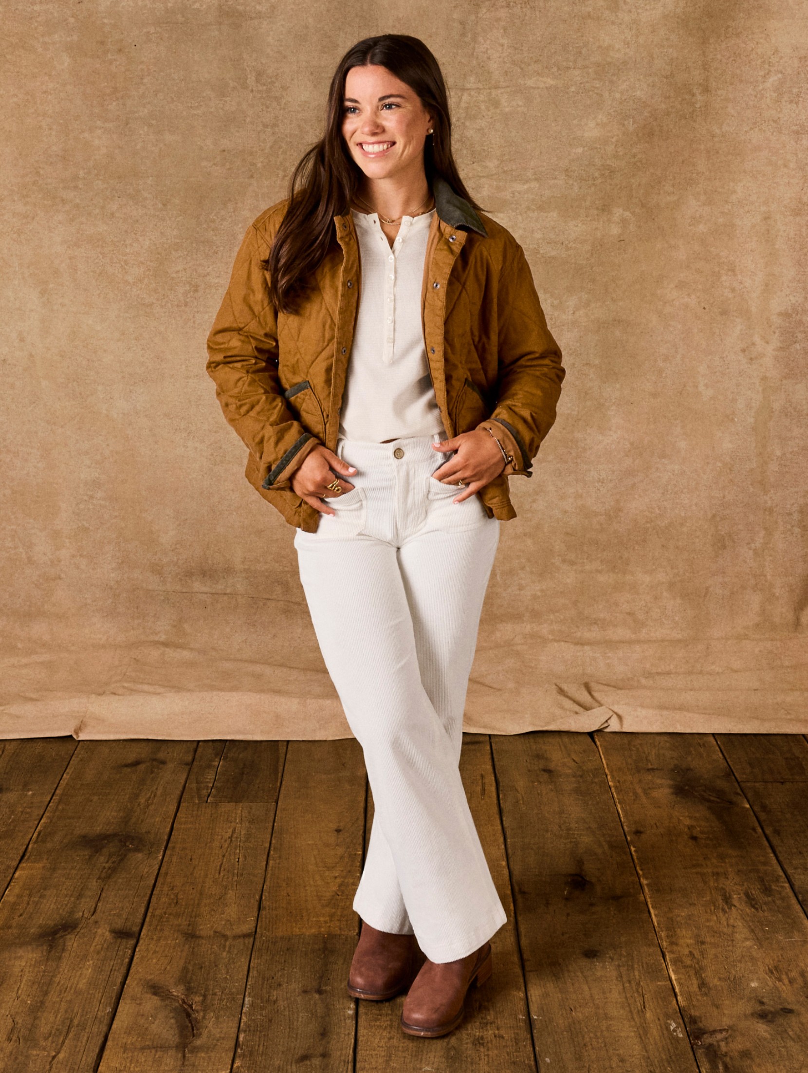 Ann Michael Maye wearing Insulated Quilted Field Jacket and 207 Vintage Corduroy Pants.