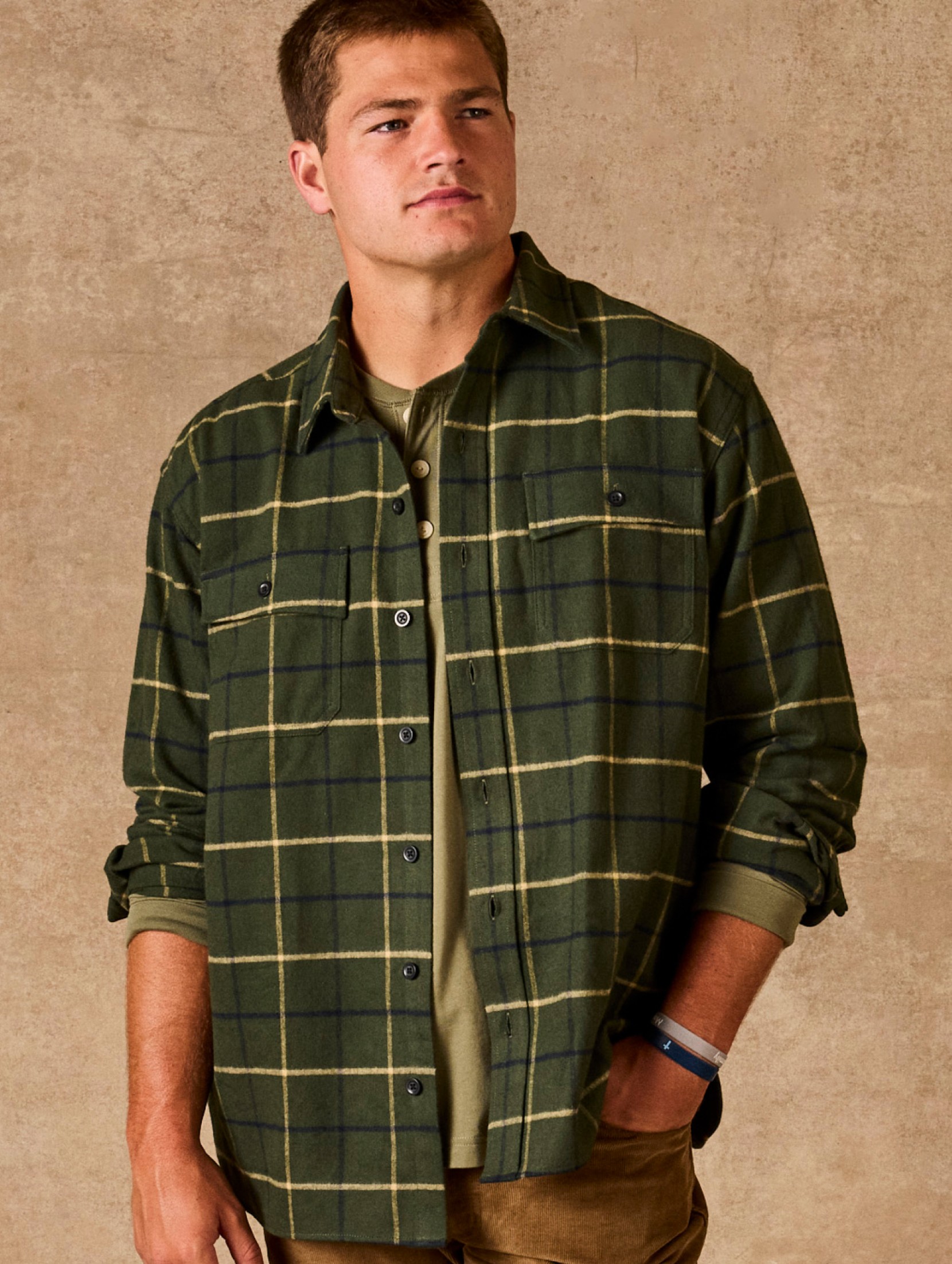 Drake Maye, close up on chamois shirt.