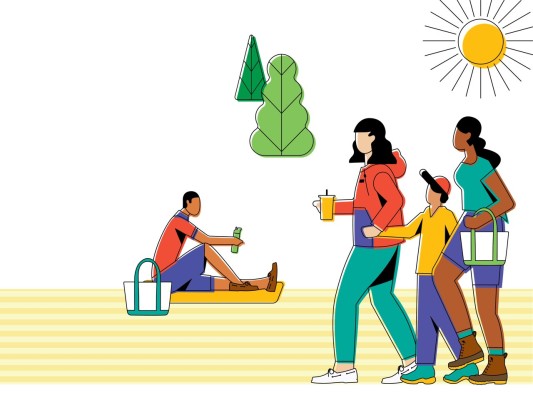 Colorful illustration of 3 people walking, 1 person sitting on a blanket, trees and sun.