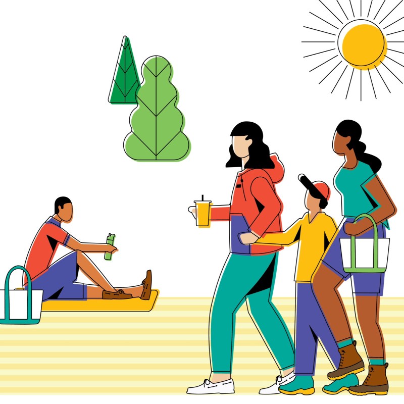 Colorful illustration of 3 people walking, 1 person sitting on a blanket, trees and sun.