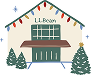 Festive illustration of the outside of an L. L. Bean store with holiday decorations.