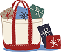 Illustration of a Boat and Tote bag and small wrapped presents.