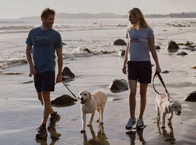 Two people in summer clothes walk dogs along a rocky beach shoreline with waves gently rolling in under soft light.