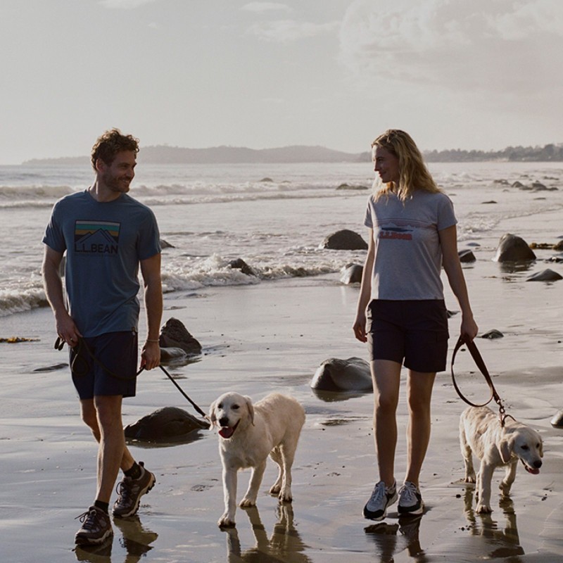 Two people in summer clothes walk dogs along a rocky beach shoreline with waves gently rolling in under soft light.