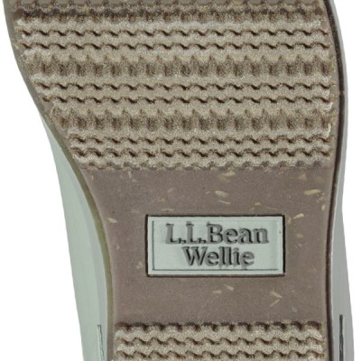 Close-up of a boot’s rugged tread with the “L. L. Bean Wellie” logo stamped into the sole.