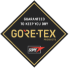 Diamond shaped black & gold GORE-TEX logo with small white text that says "guaranteed to keep you dry".