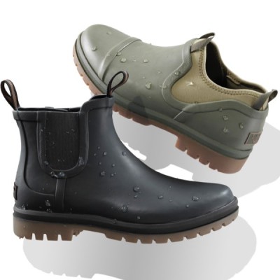 Two waterproof slip‑on boots with rugged soles are shown with water droplets on their durable surfaces.