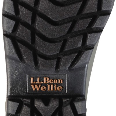 Close-up of a boot’s rugged tread with the “L. L. Bean Wellie” logo stamped into the sole.