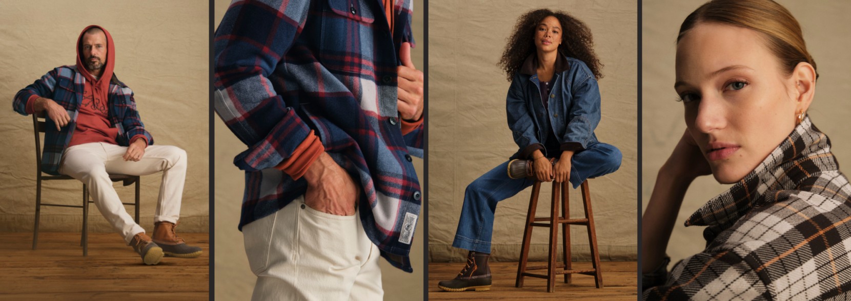 Four-panel fashion layout featuring flannel layering, denim styling, clothing detail, and plaid shirt portrait.