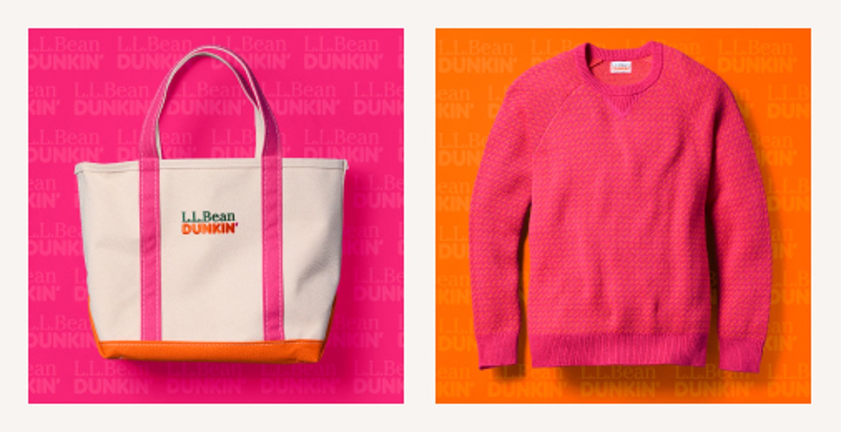 Canvas tote bag with L. L. Bean and Dunkin' logos on the front and a pink and orange birdseye crewneck sweater.