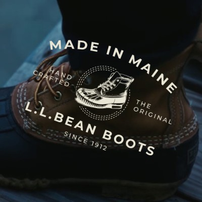 Made in Maine L L Bean Boots logo over close-up of a brown leather hand-crafted boot.