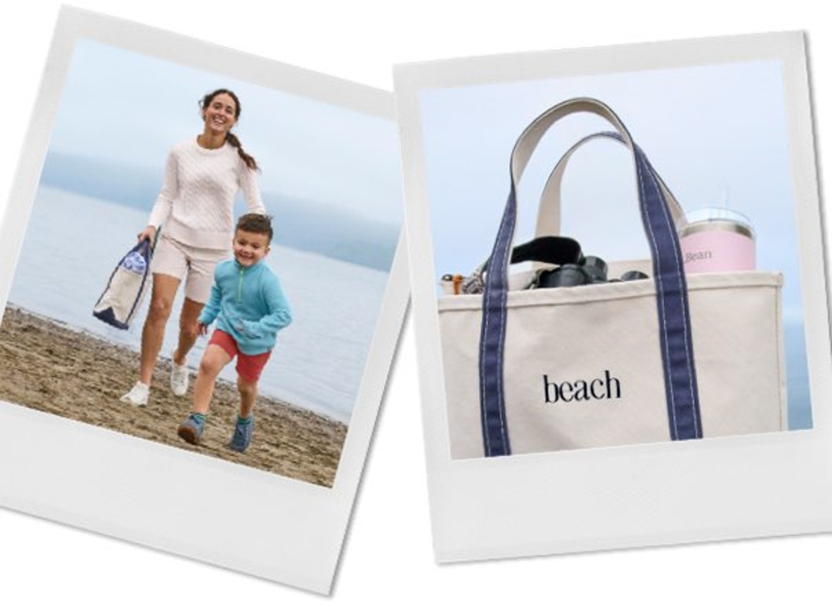Polaroid-style photos show a mother and child enjoying the beach, with a tote bag labeled “beach” in the center.