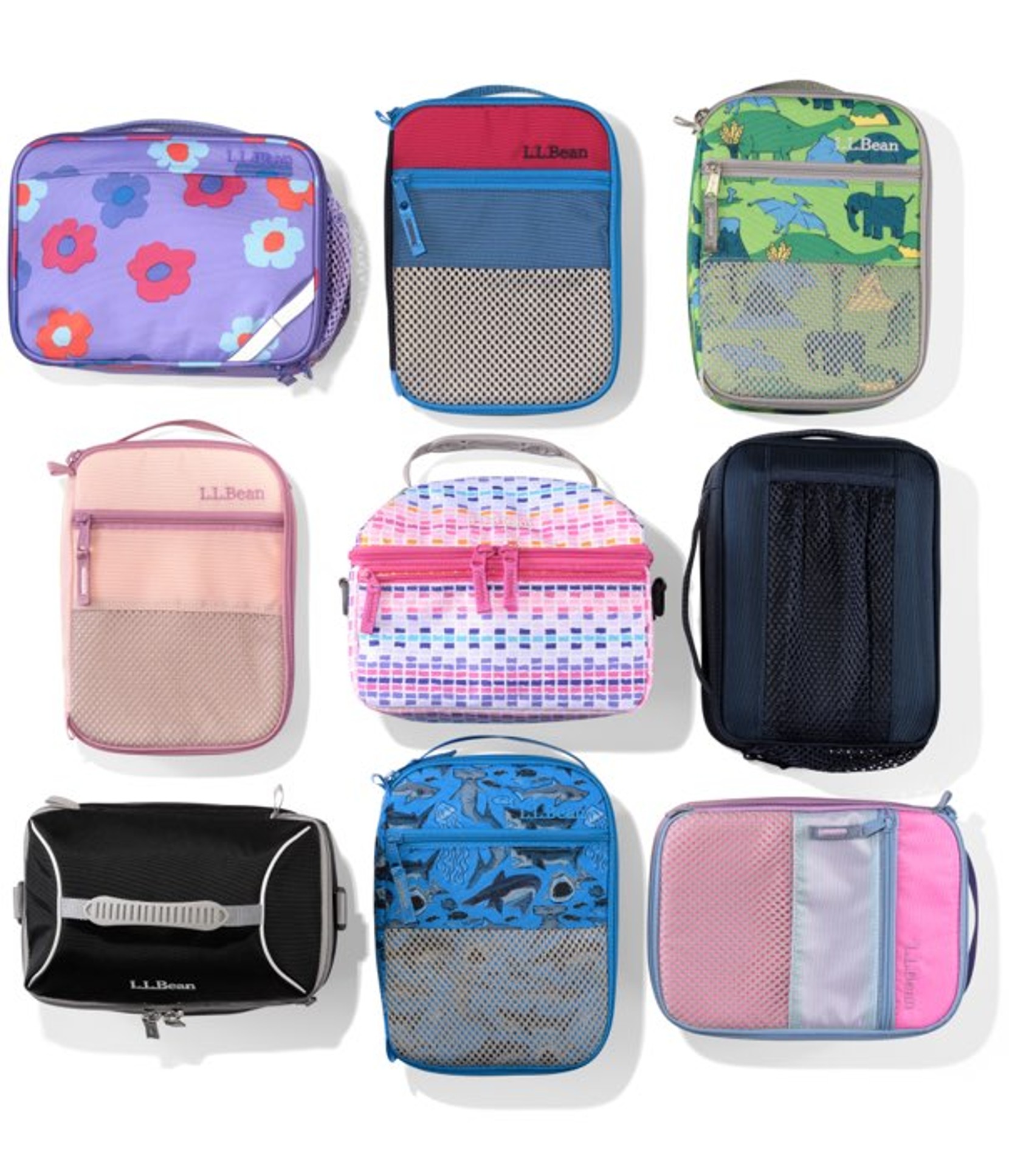 Nine colorful lunch bags arranged in a neat grid, featuring floral, camo, striped, and solid designs.