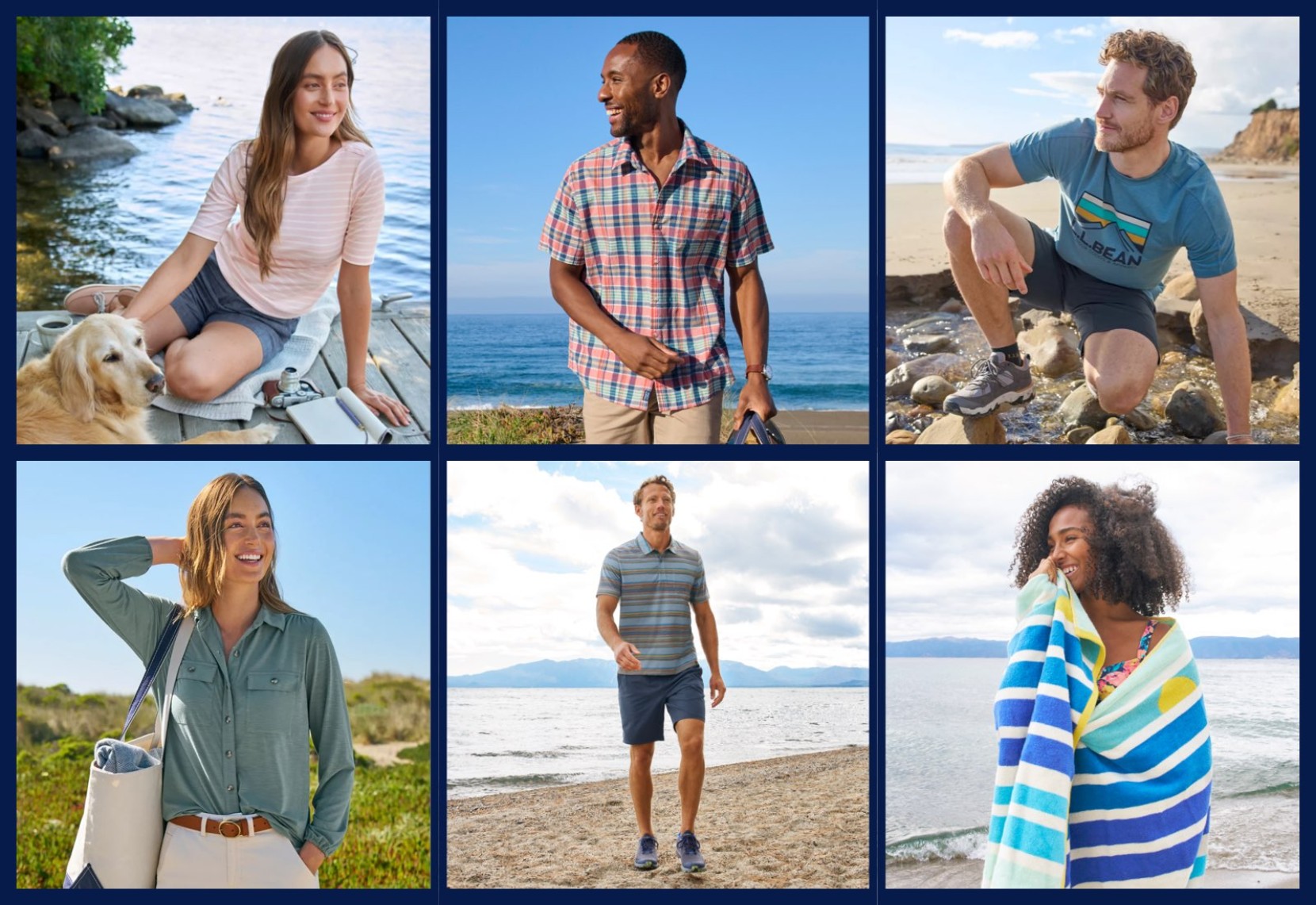 Collage of six people enjoying relaxed coastal scenes, walking, lounging, and smiling by the beach and shoreline.