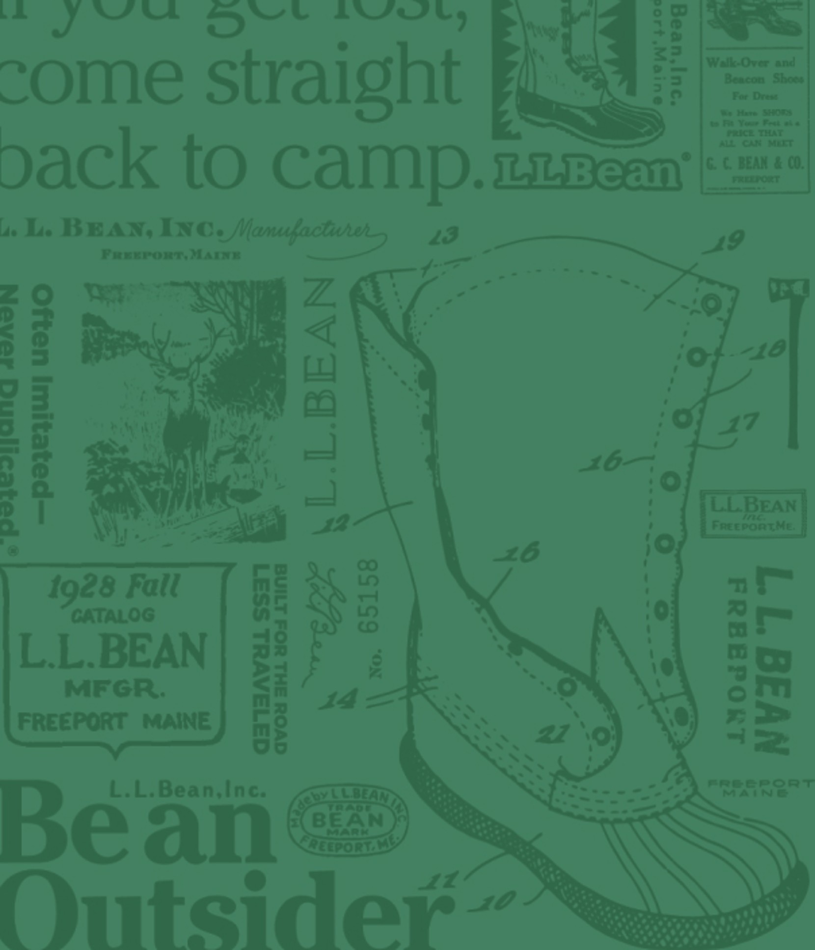 Vintage L.L.Bean collage featuring boot sketches, illustrations, & text "Footwear Try-on event: Free Shipping & Free Returns"