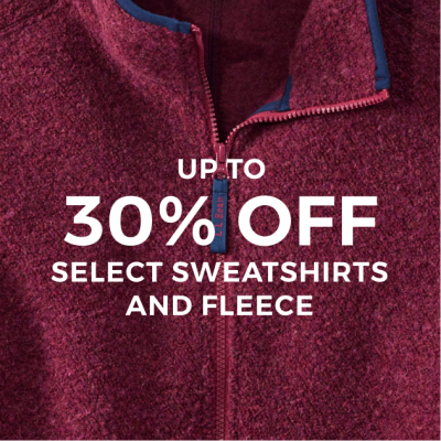 Cropped image of a fleece top with text that says "up to 30% off select sweatshirts & fleece".