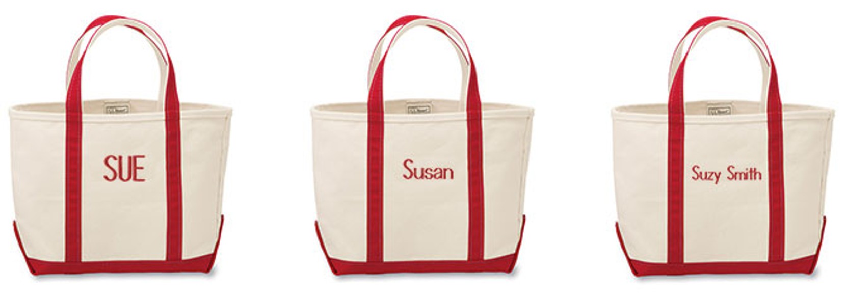 Image with examples of monograms on Boat and Tote bags.