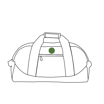 A line drawing of a duffle bag with a green dot indicatiing monogram placement centered above the front zip pocket.