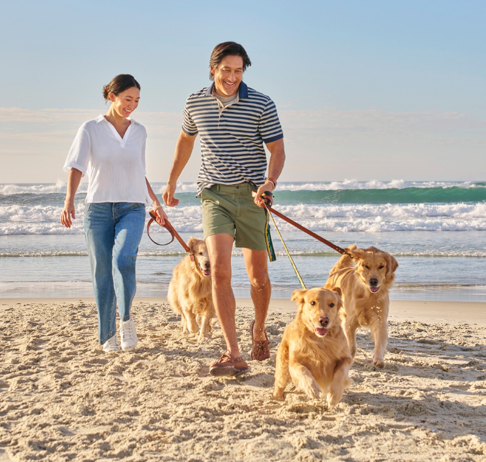 couple walking three dogs on a sunny beach