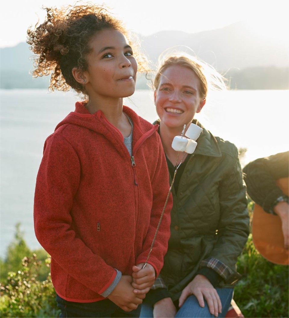 Image of happy girl and mom by water in L.L.Bean Clothes
