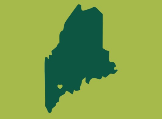 green graphic of the state of Maine with a heart indicating Lewiston, ME