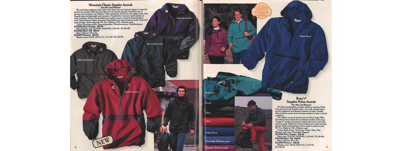 A spread from a 1992 L.L.Bean catalog showing the first Mountain Classic product, called the Mountain Classic Supplex Anorak.