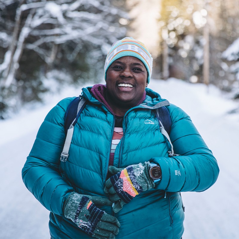 Mirna Valerio on a snowy hike