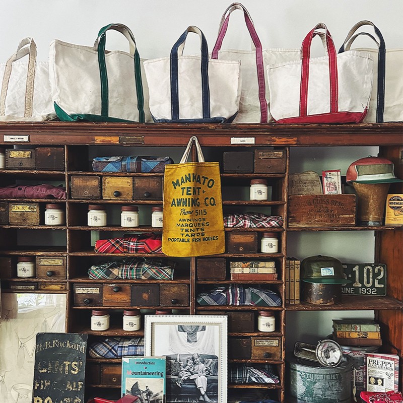 Vintage L.L.Bean Boat and Totes on display at Wooden Sleepers