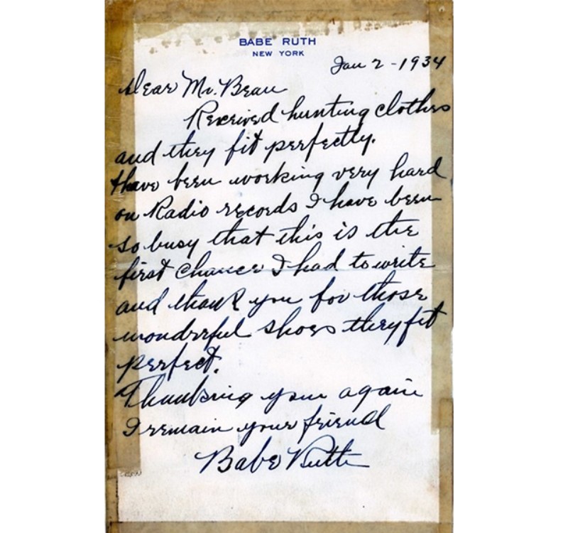 A letter from Babe Ruth, friend and customer of L. L.