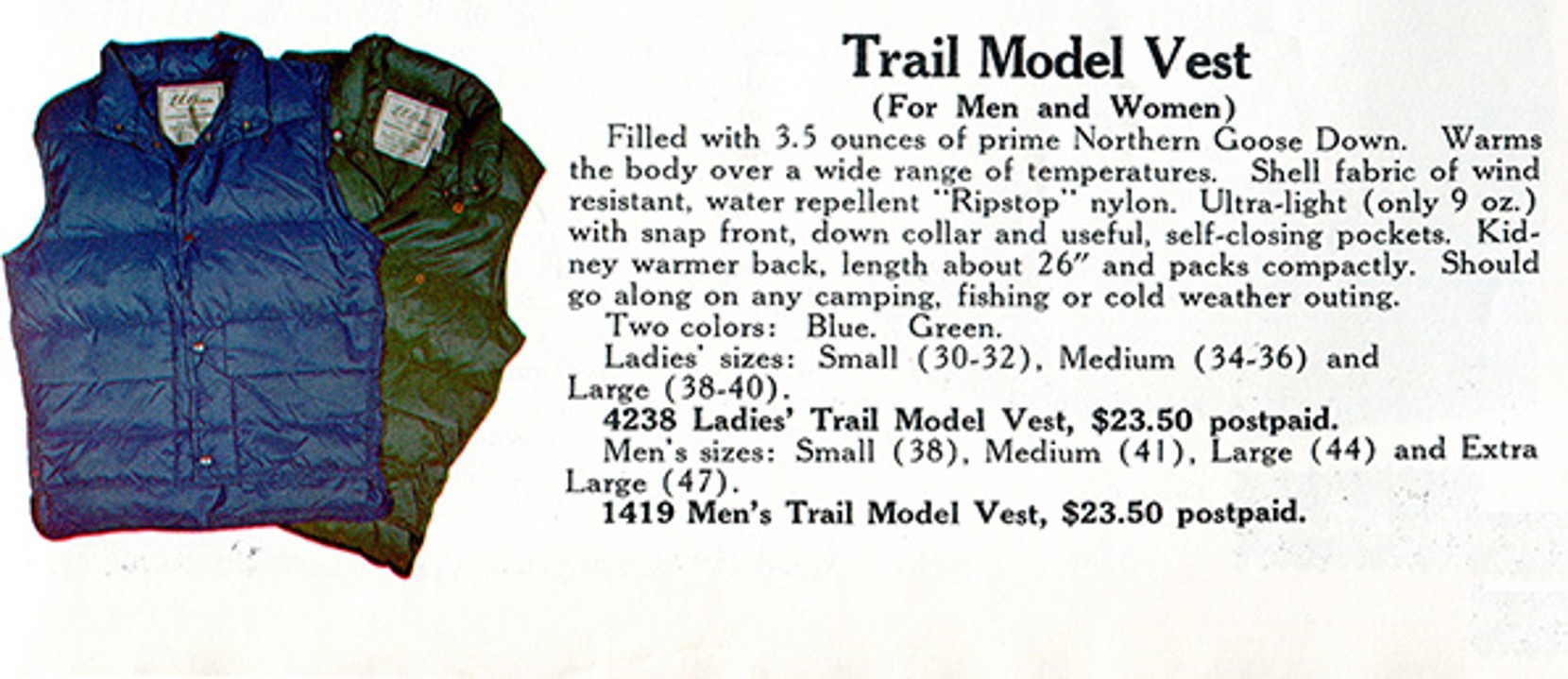 Old L.L.Bean catalog advertisments for Trail Model Vests