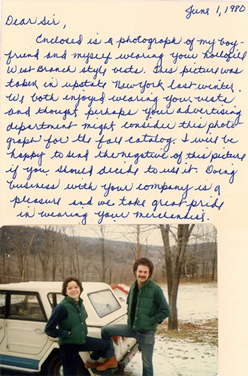 A photo and letter from two L.L.Bean customers in the 1980s in the green Trail Model Vest 