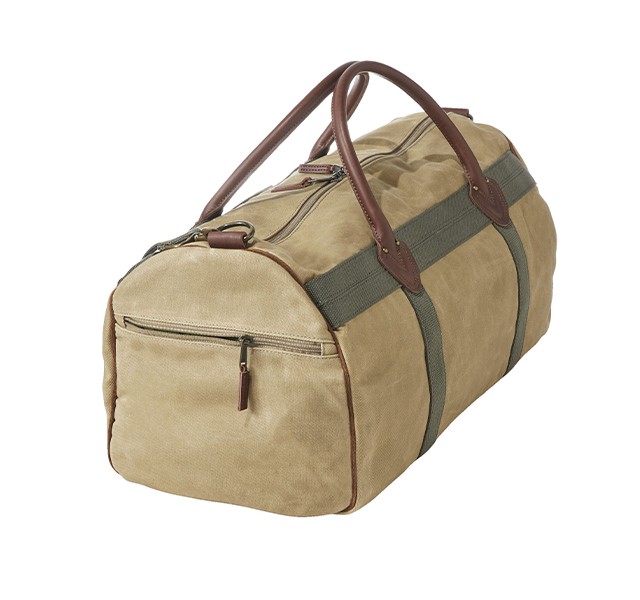 The L.L.Bean Waxed Canvas Duffle in Feldspar (left) and Dark Khaki (right). 